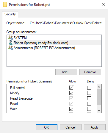 Permissions for Robert.pst - Full control