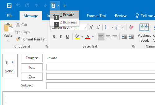 Account selection via Quick Access Toolbar in Outlook.