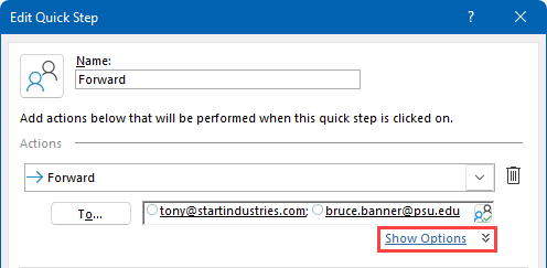 Click on the "Show Options" to show the Quick Step Forward options to specify a prefix and additional message settings.