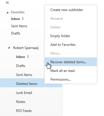 Recover deleted items - Right click Delete Items folder - Outlook on the Web - Exchange 2016