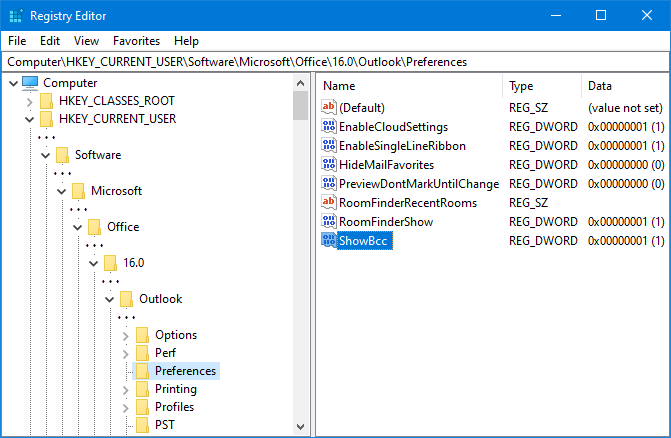 The ShowBcc key value name in the Preferences key of Outlook in the Registry Editor.