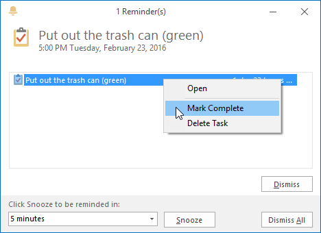 Marking a Task as completed within the Reminders window via a right click.