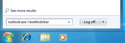 Starting Outlook with the resettodobar switch in Windows 7.
