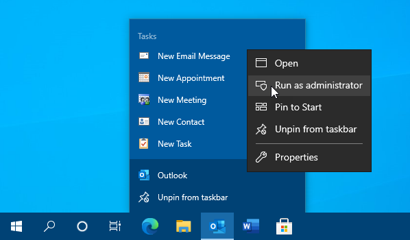 Starting Outlook as an Administrator on Windows 10.