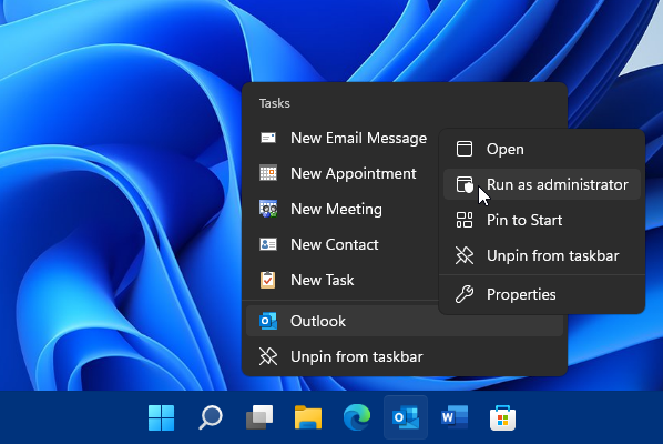 Outlook on Windows 11 - Run as Administrator