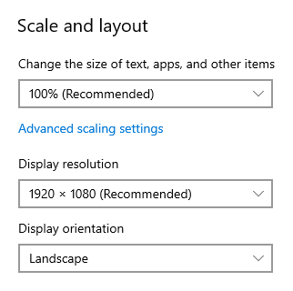 "Scale and layout" settings in Windows 10 to increase or decrease the text size throughout Windows.