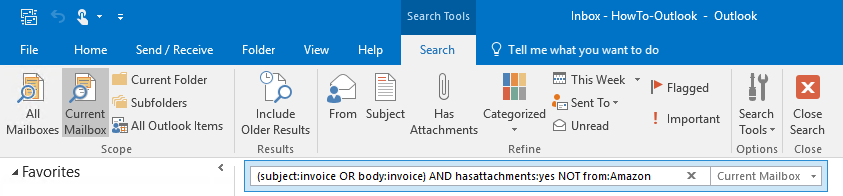 Performing a Boolean Search in the Search field of Outlook 2013 / 2016 / 2019 / 2021.