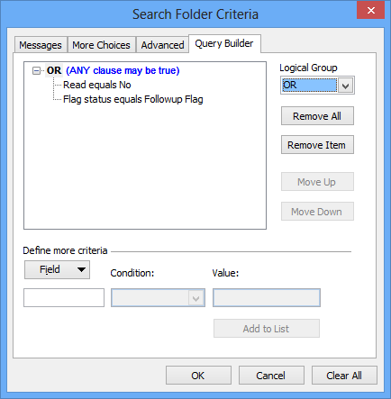 The Query Builder allows you to create Search Folders with OR criteria.
