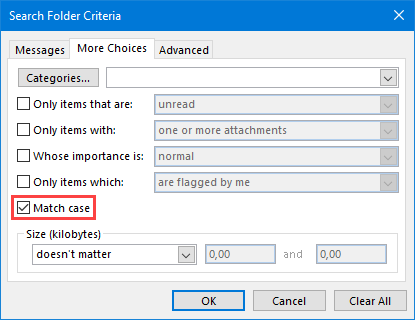 Select the Match case option to create a case sensitive query for a Search Folder.