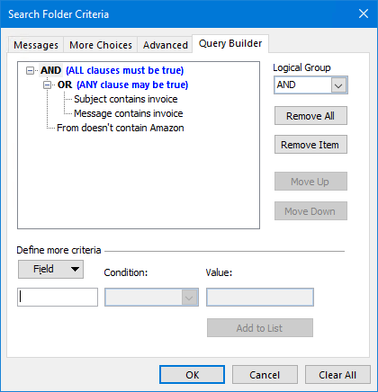 Search Folder Criteria - Query Builder - AND and OR statements