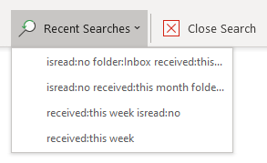 Recent Searches list in Outlook.