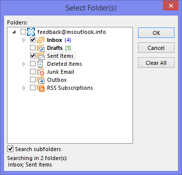 New Search Folders - Select Folders - Inbox, Sent Items - Search subfolders