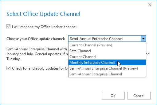 Switching between Office update channels from within Outlook.