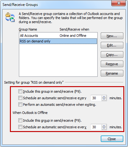 Disable all send/receive options for the “RSS feeds on demand only” group.