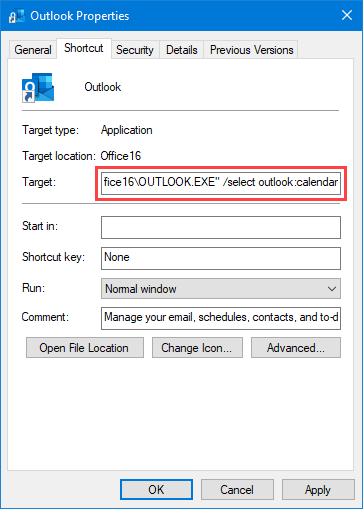 Creating a custom shortcut with the command line to start Outlook in the Calendar folder.