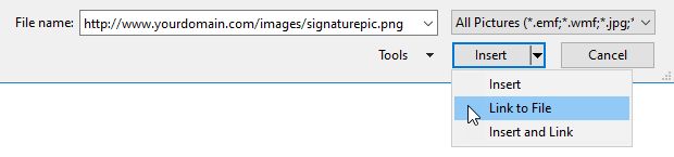 Use "Link to File" to insert an Internet image in your Outlook Signature.