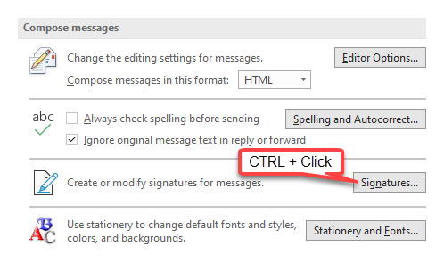 Hold CTRL when clicking on the Signatures button to open the Signatures folder.