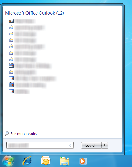 Start Menu Outlook Search Results blurred