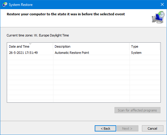 Overview of available System Restore points.