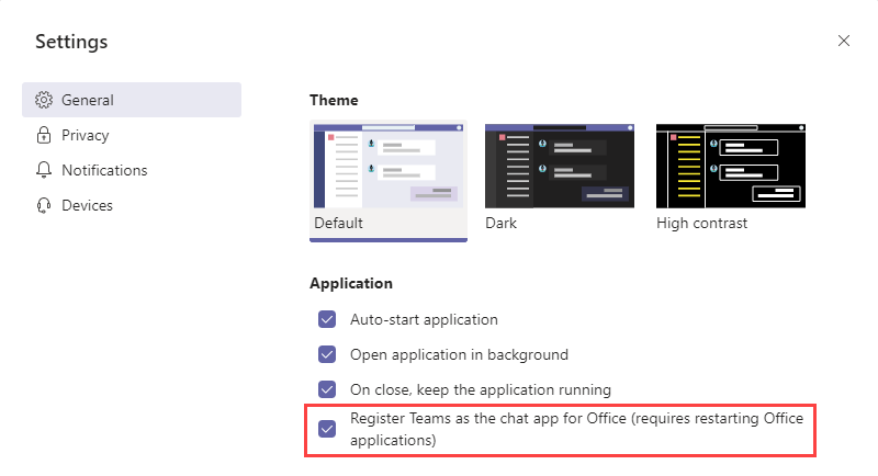 Registering Teams as the default chat app in Outlook and other Office applications.