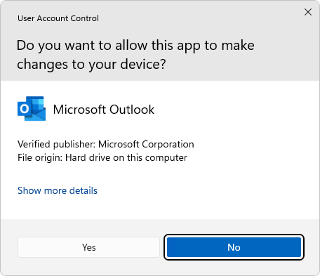 User Account Control - Outlook