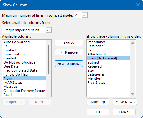Columns configuration with the custom "From (No External)" column added and the default "From" column removed.