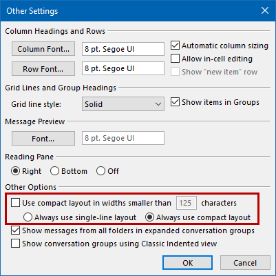 View settings - Always use compact or single-line layout