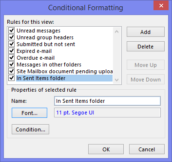 Create a new Conditional Formatting rule named "In Sent Items folder" with a unique color.