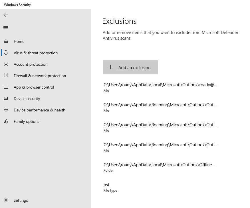 Virus scanner exclusions for Outlook in Windows Security on Windows 10.