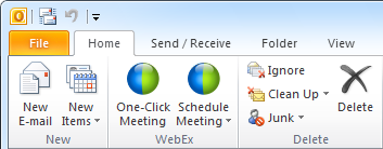 The WebEx icons for "One-Click Meeting" and "Schedule Meeting" will show next to the New option group on the Ribbon or at the end when you select your Calendar folder. 