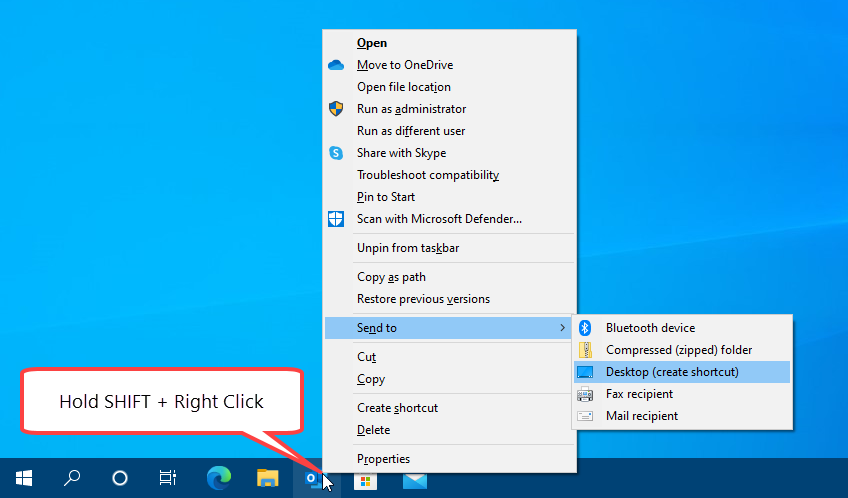 Creating a Desktop shortcut for a pinned application in Windows 10.