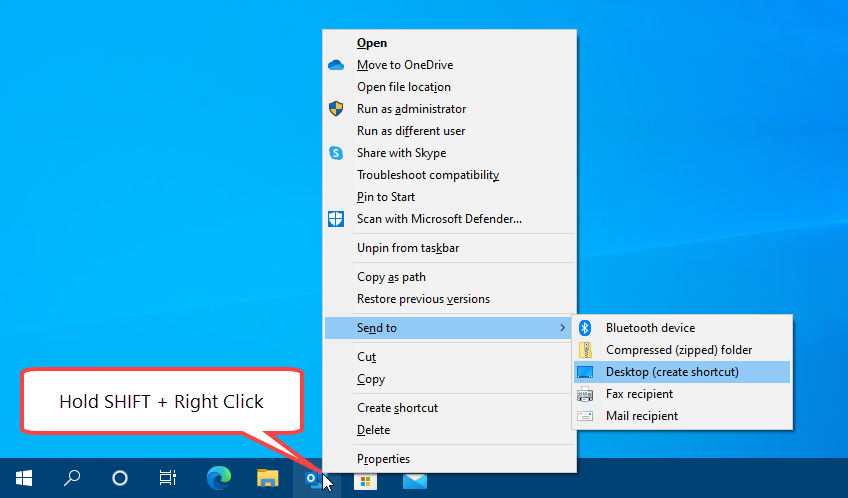 windows 10 create desktop shortcut for outlook