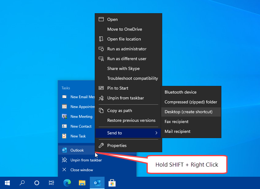 Creating a Desktop shortcut for a running application in Windows 10.