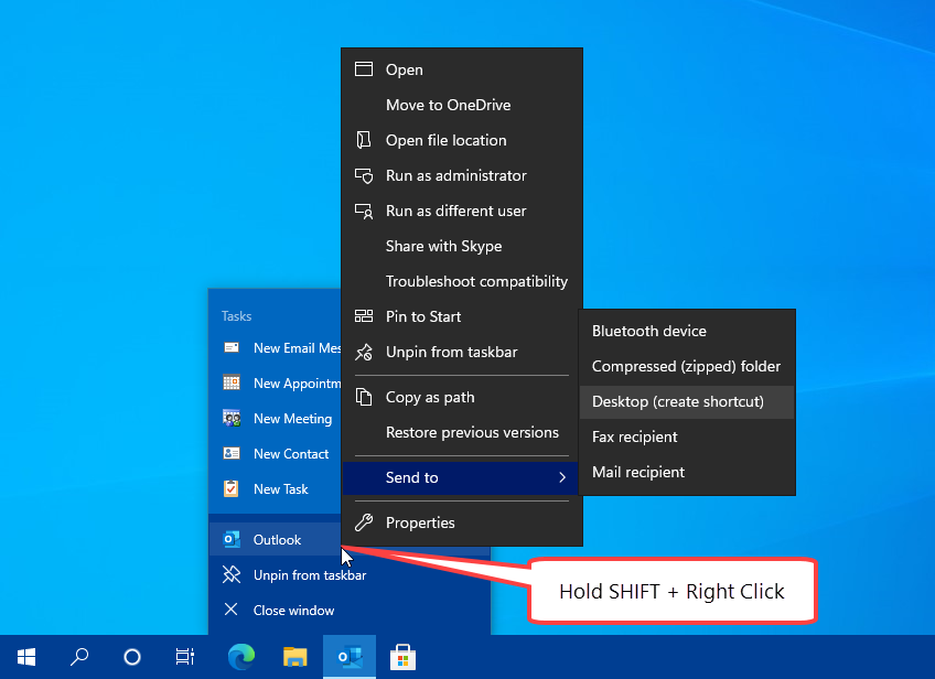 windows 10 create desktop shortcut for outlook