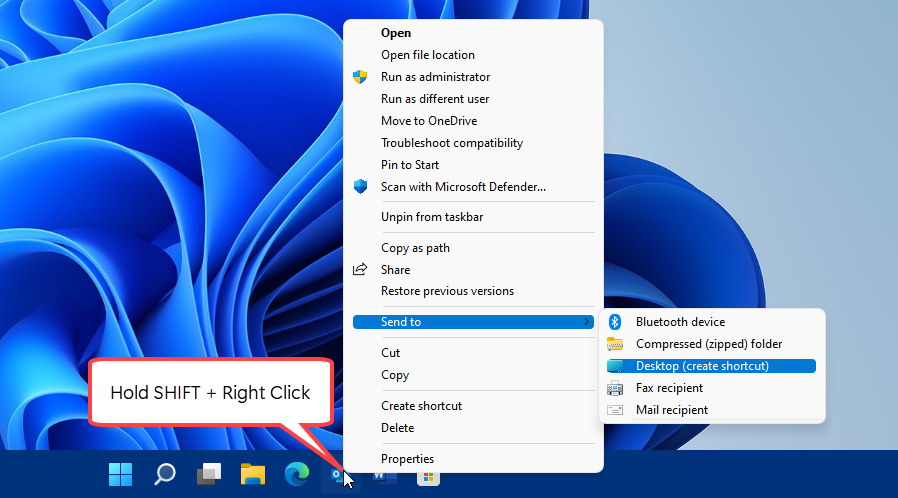 Creating a Desktop shortcut for a pinned application in Windows 11.