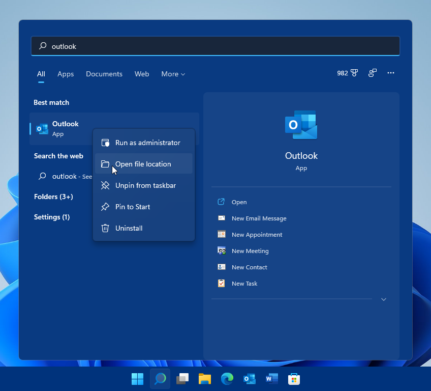 Outlook in Windows 11 Start Menu Search Results - Open file location