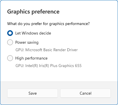 Selecting the GPU for Outlook in Windows.