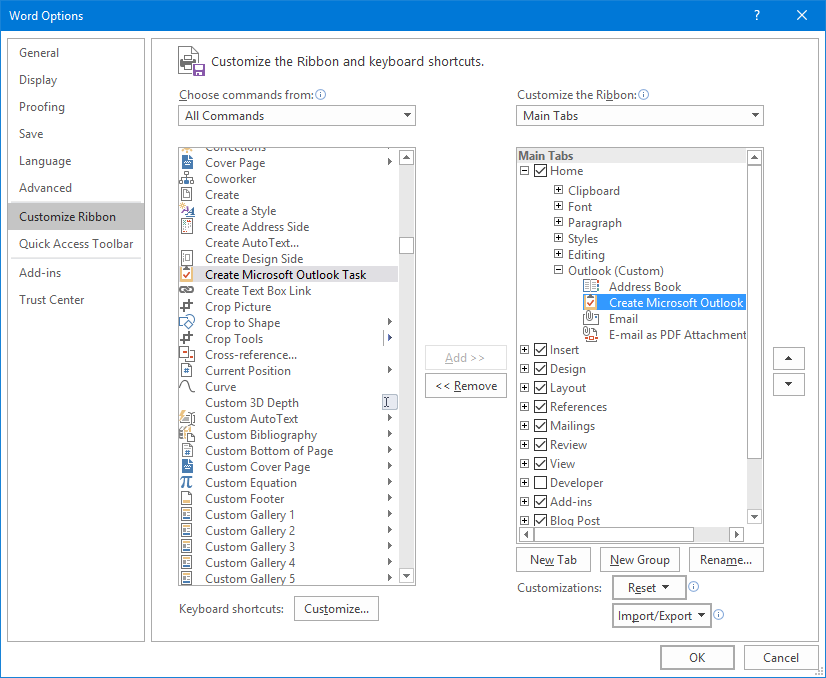 Adding the Create Microsoft Outlook Task to a custom Ribbon group. (click on image to enlarge)