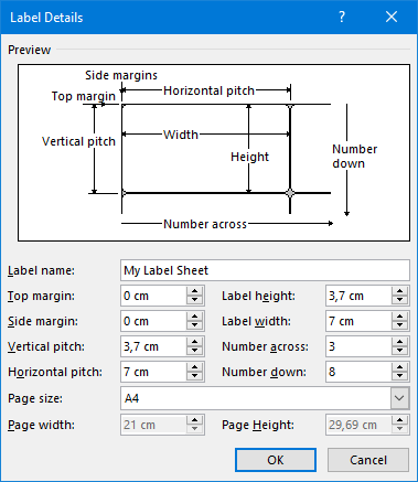 Configuration for an A4 label sheet with 24 (3x8) labels.