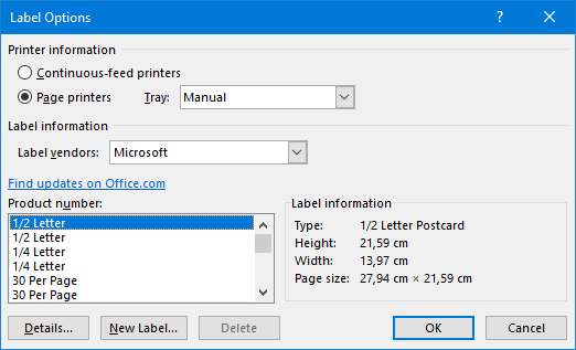 Label Options dialog in Word