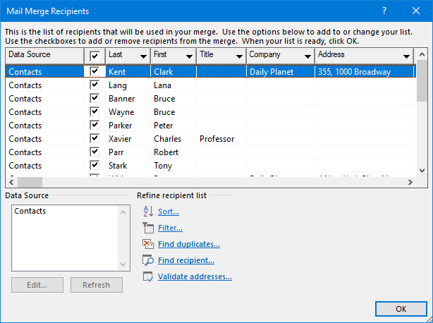 Mail Merge Recipients dialog in Word.