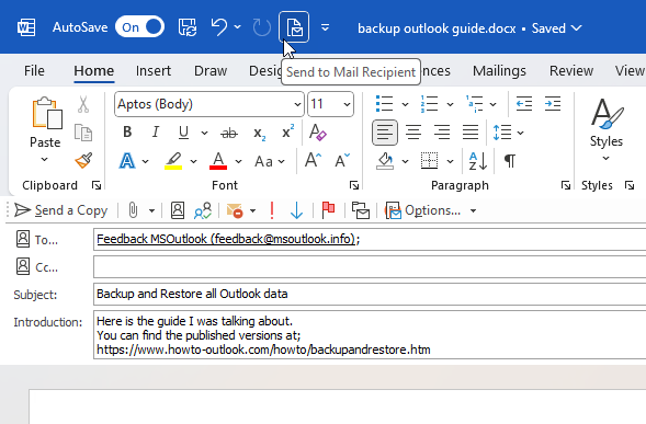 Word with mail header enabled via the Send to Mail Recipient command.