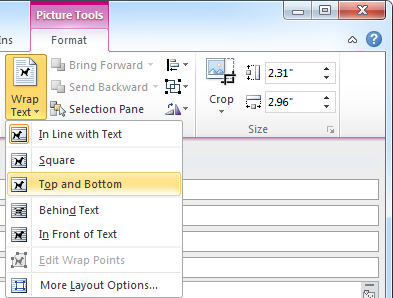 Setting the image wrapping style via the Ribbon in Outlook 2010.